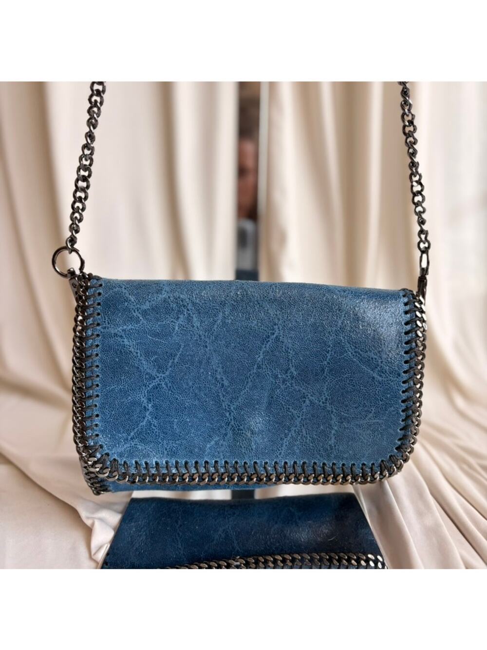 Borse in Pelle Blue Chain Crossbody - Gunmetal Texture, Made in Italy